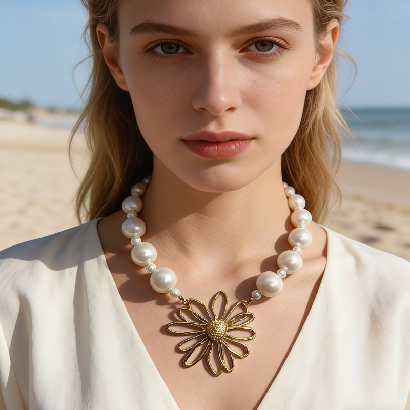 Milky 304stainless Steel Pearl Beaded Flower Necklace