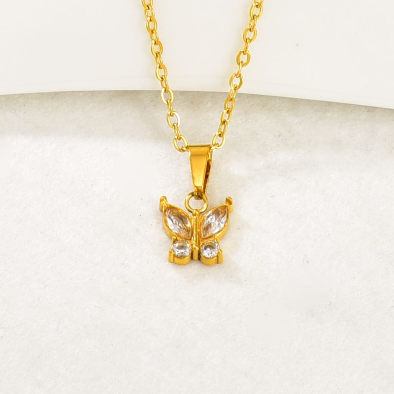 Gold Stainless Steel Diamond-encrusted Butterfly Necklace