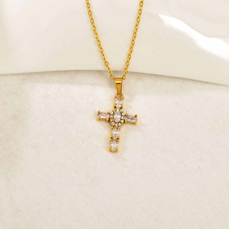 Gold Stainless Steel Diamond-encrusted Cross Necklace