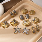 Gold And Silver Color-blocked Square Stud Earrings Titanium Steel Two-tone Flower Earrings