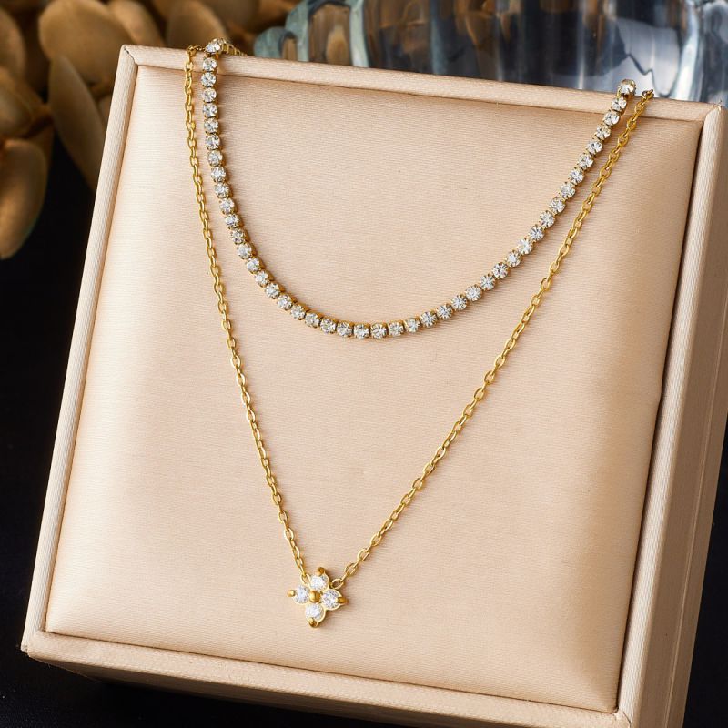 Gold Diamond-set Double-layer Stainless Steel Gold-plated Necklace