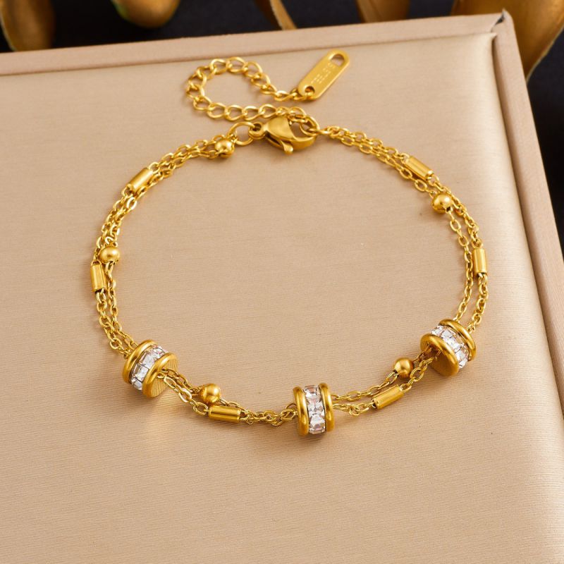 Gold Gold-plated Double-layer Chain Stainless Steel Diamond-set Round Bracelet