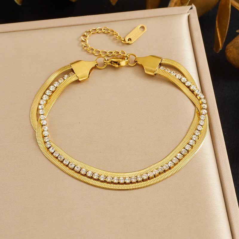 Gold Diamond-encrusted Gold-plated Multi-layered Stainless Steel Chain Bracelet