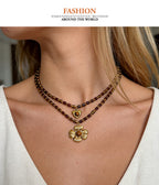 Purple 6 Titanium Steel Heart-shaped Tiger Eye Crystal Necklace