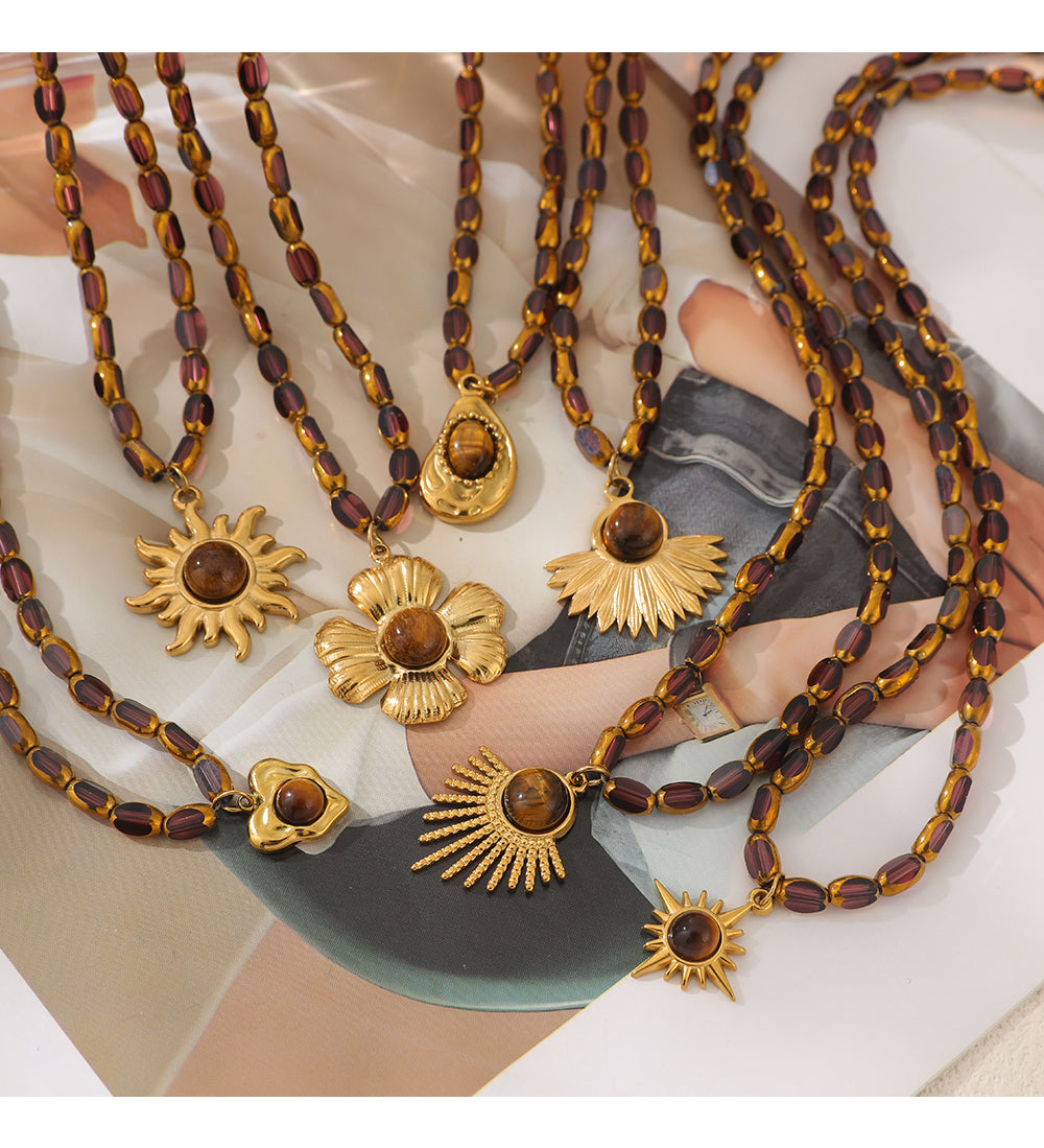 Purple 6 Titanium Steel Heart-shaped Tiger Eye Crystal Necklace