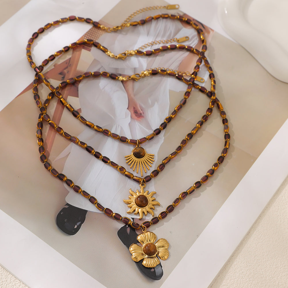 Purple 6 Titanium Steel Heart-shaped Tiger Eye Crystal Necklace