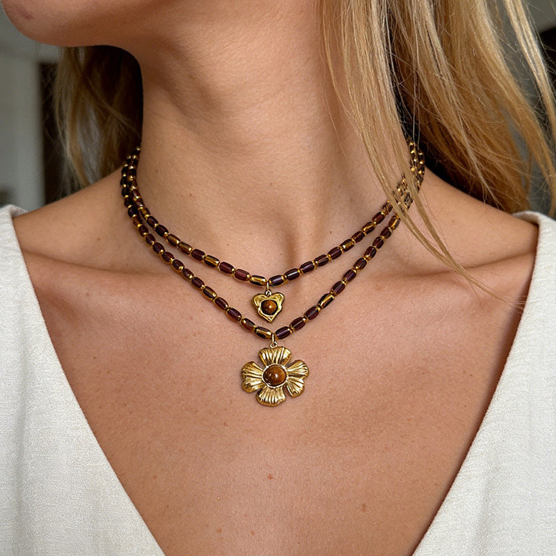 Purple 6 Titanium Steel Heart-shaped Tiger Eye Crystal Necklace