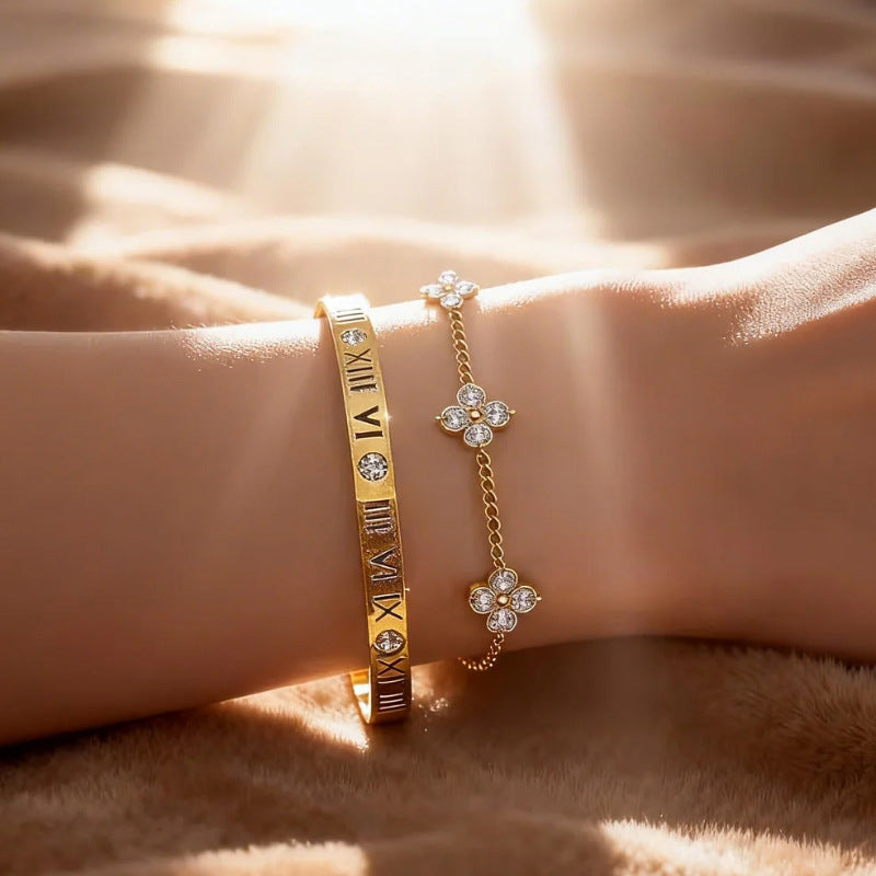 Set 2 Amazon-style Stainless Steel Bracelet With Small Flower Design Fashionable Women's Bracelet