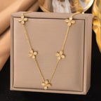 White Pearl Heart Earrings Gold Zircon Clover Steel Necklace Bracelet Set