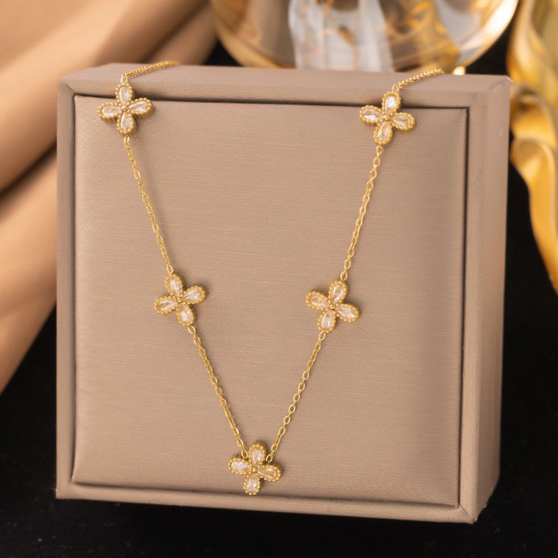 White Pearl Heart Earrings Gold Zircon Clover Steel Necklace Bracelet Set