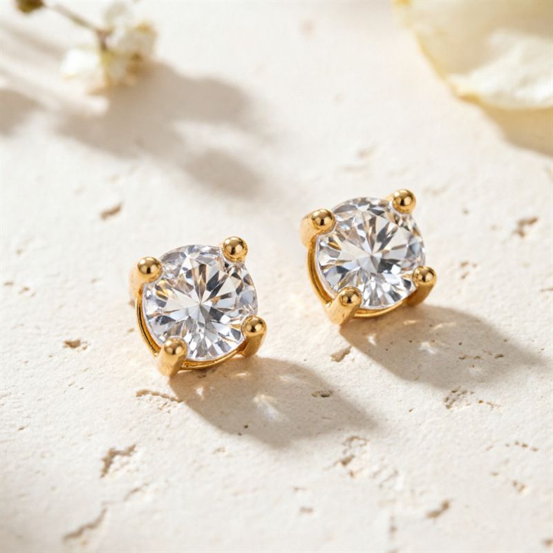 Gold Round Solitaire Zircon Screw Back Studs