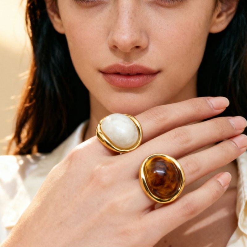 Amber Oval Resin Stainless Steel French Open Ring