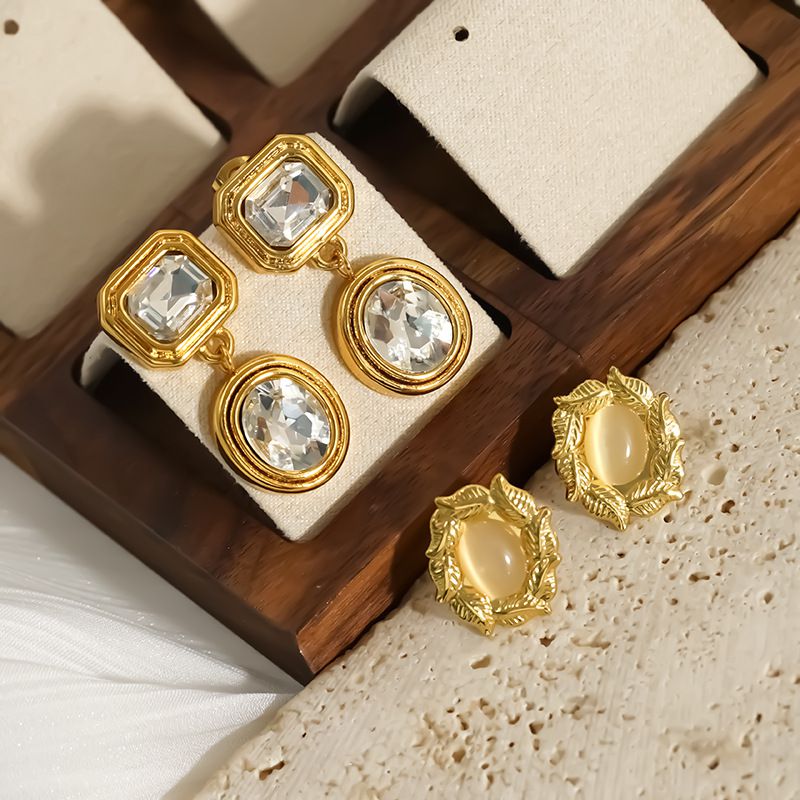 Gold Stainless Steel 18k Gold Plated Zircon Vintage Earrings