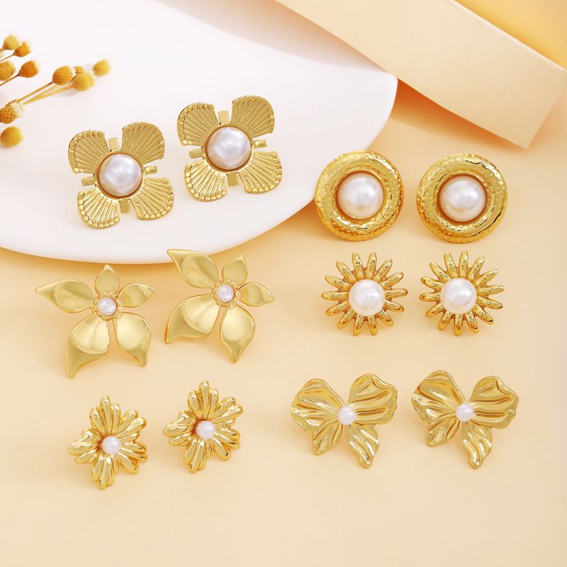 Earring #9 Bowknot Texture Pearl Metal Style Studs
