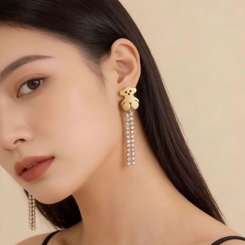 Gold Bear Rhinestone Tassel Drop Earrings