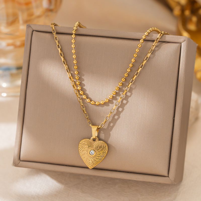 Gold French Retro Titanium Steel Double Layer Cz Heart Necklace