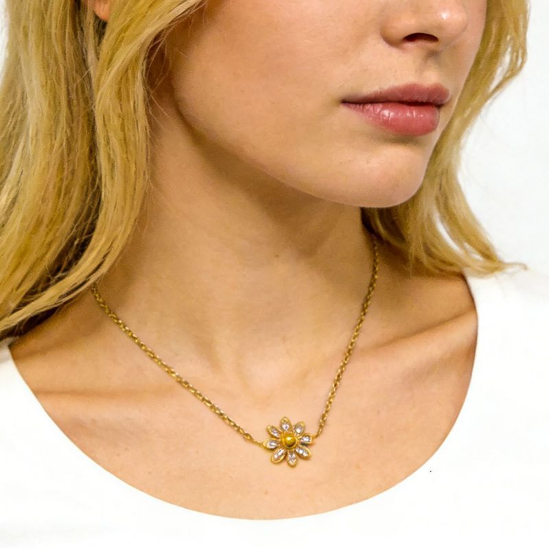 Gold 3d Daisy Zircon Pendant Necklace Stainless Steel 18k Gold Plated