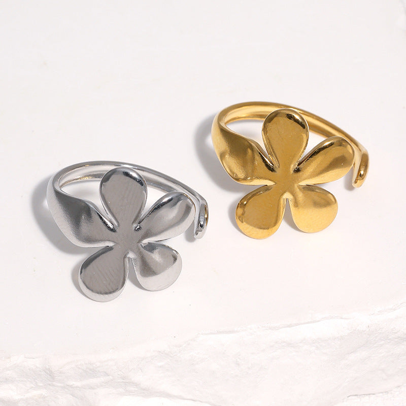 Steel Color Stainless Steel Ring Tarnish Free Flower Gold Plated Sweet Adjustable