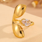 Gold 18k Gold Plated Leaf Zircon Vintage Stainless Steel Ring
