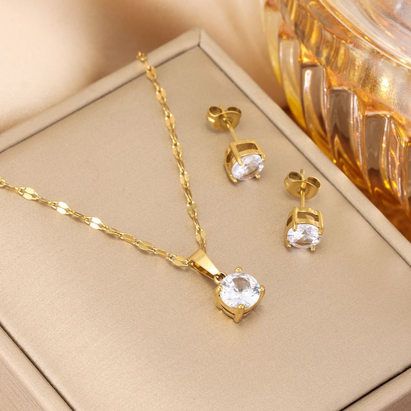 Necklace - Gold - White Zirconium 18k Gold Plated Titanium Steel Zircon Necklace Set