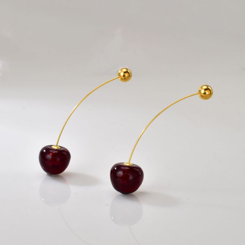 Gold Red Cherry Fruit 18k Gold Steel Earrings