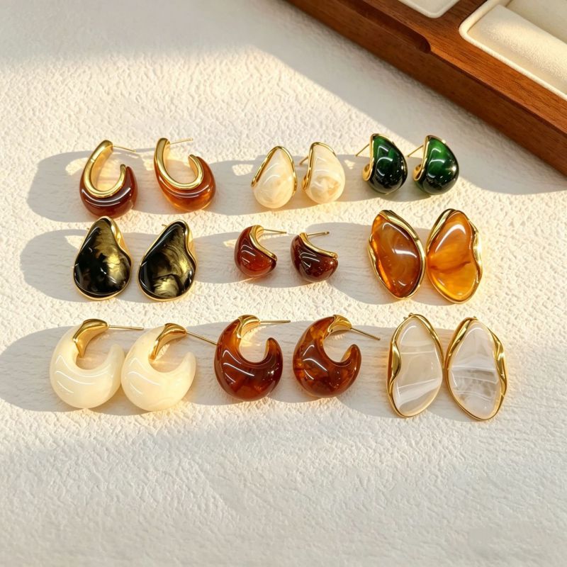 Earring #17 Irregular Resin Amber 18k Steel Earrings