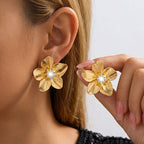 Gold Stainless Steel Zircon Flower Earrings Studs