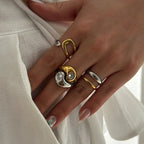 Two-tone 2 3pcs 18k Gold Stainless Steel Color Block Zircon Ring Set