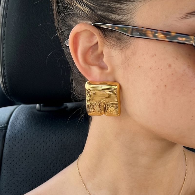 Golden Wings Vintage Texture Statement Gold Geometric Stainless Steel Earrings