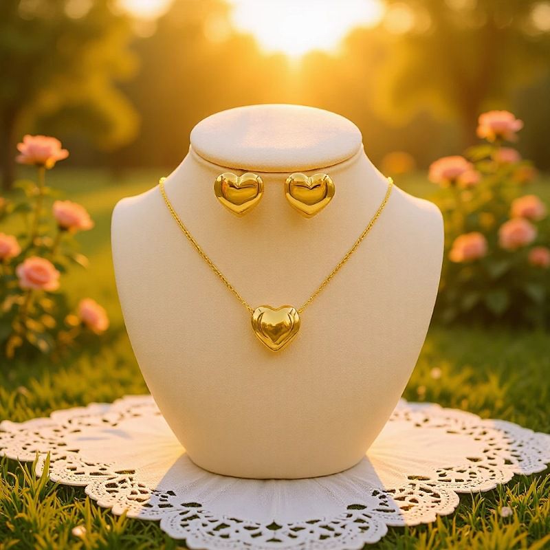 Steel-colored Suit Heart Necklace Earrings Jewelry Set Stainless Steel Gold Plated