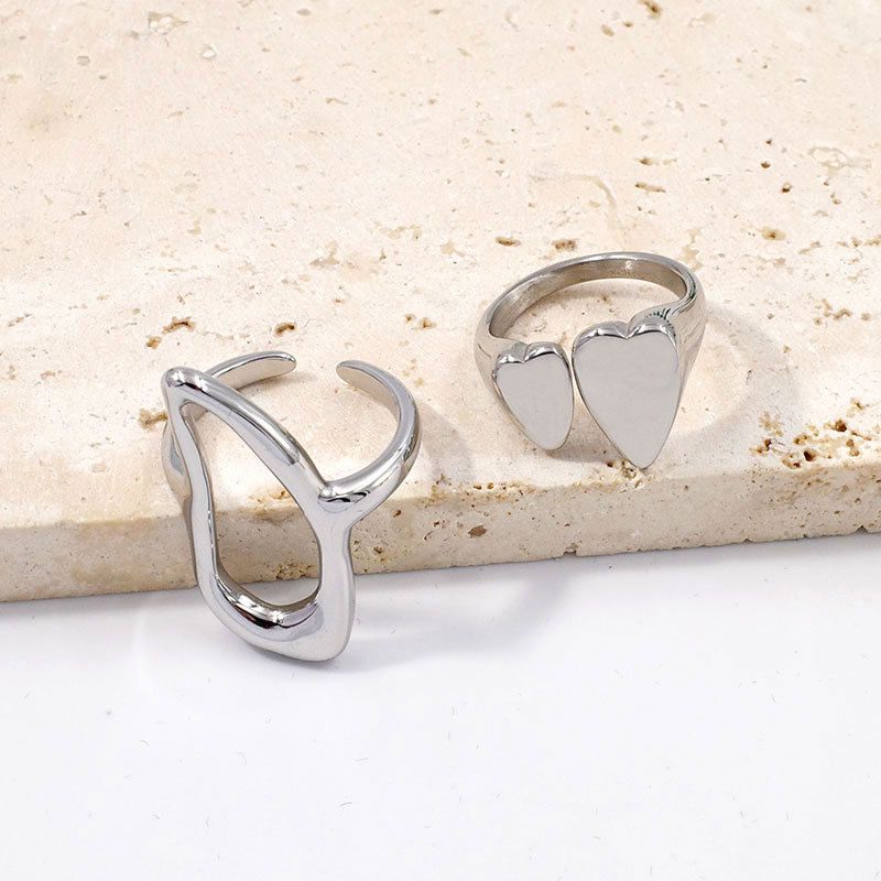 Steel-colored Hollow Geometric Double Heart Open Ring Gold Silver Plated Irregular