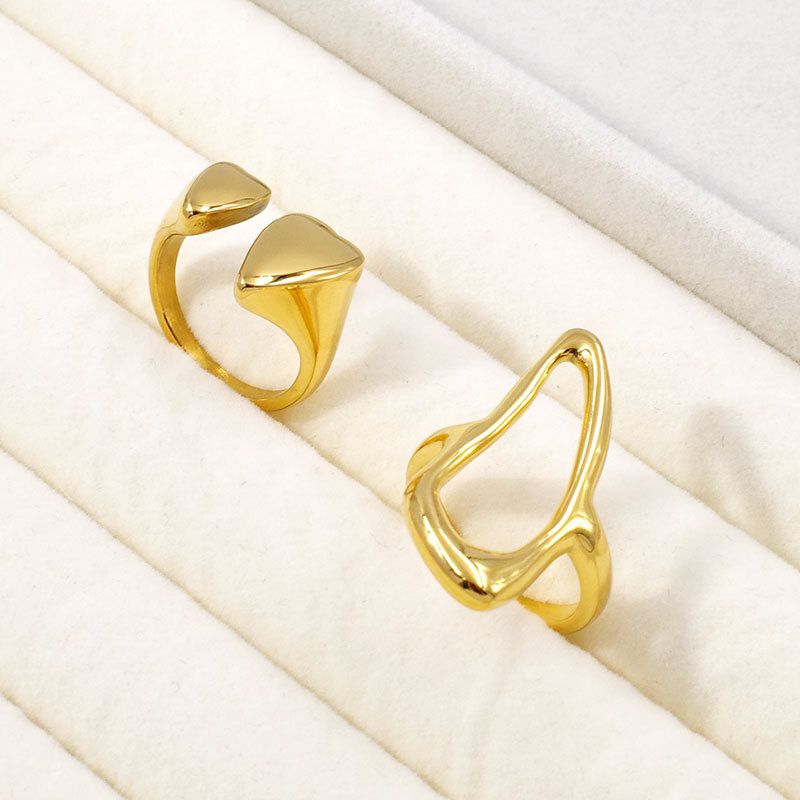 Golden Openwork Geometric Double Heart Open Ring Gold Silver Plated Irregular