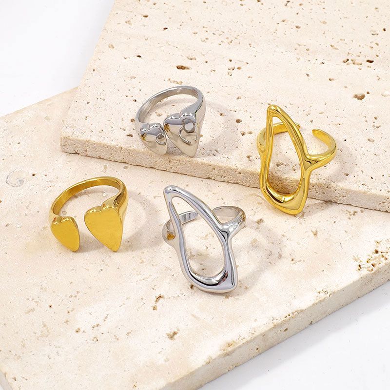 Golden Openwork Geometric Double Heart Open Ring Gold Silver Plated Irregular