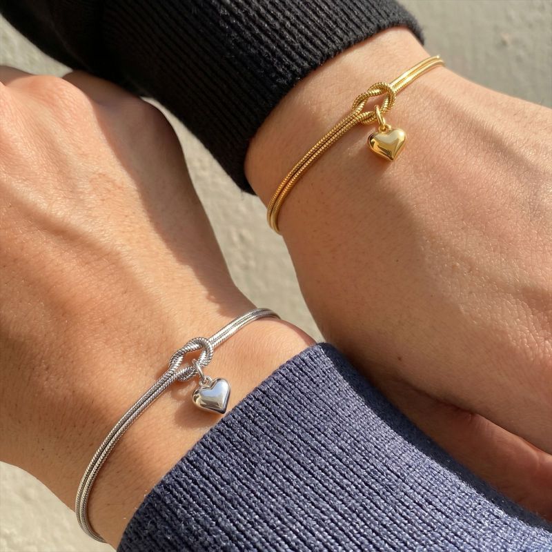 Steel Color European Stainless Steel Heart Pendant Love Knot Round Snake Chain Bracelet For Men Women