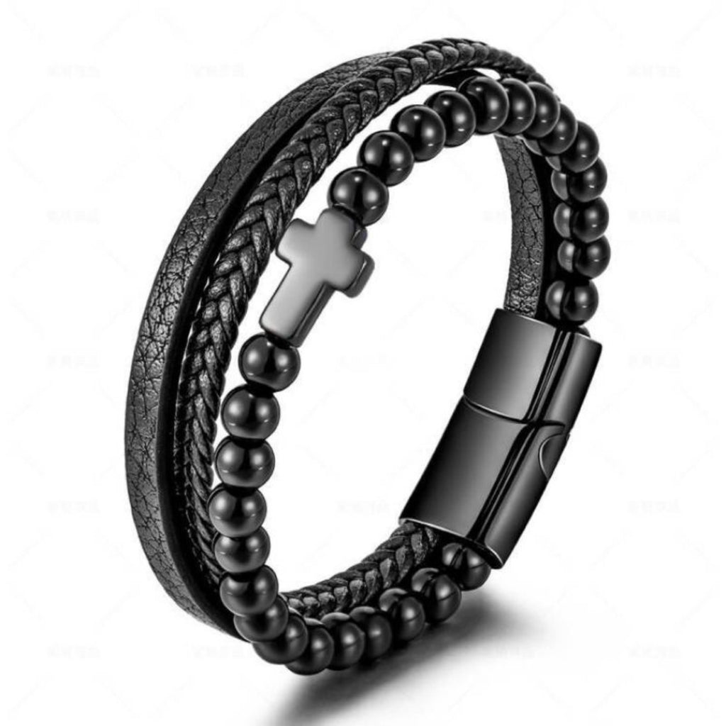 Black Glass Beads + Black Cross Stainless Steel Natural Stone Beaded Cross Men's Bracelet