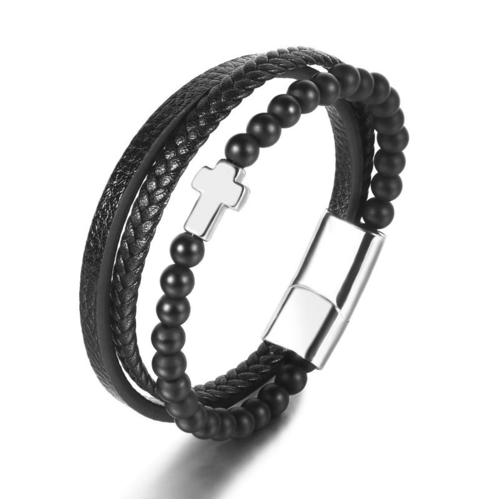 Frosted Stone + White Cross Stainless Steel Natural Stone Beaded Cross Men's Bracelet