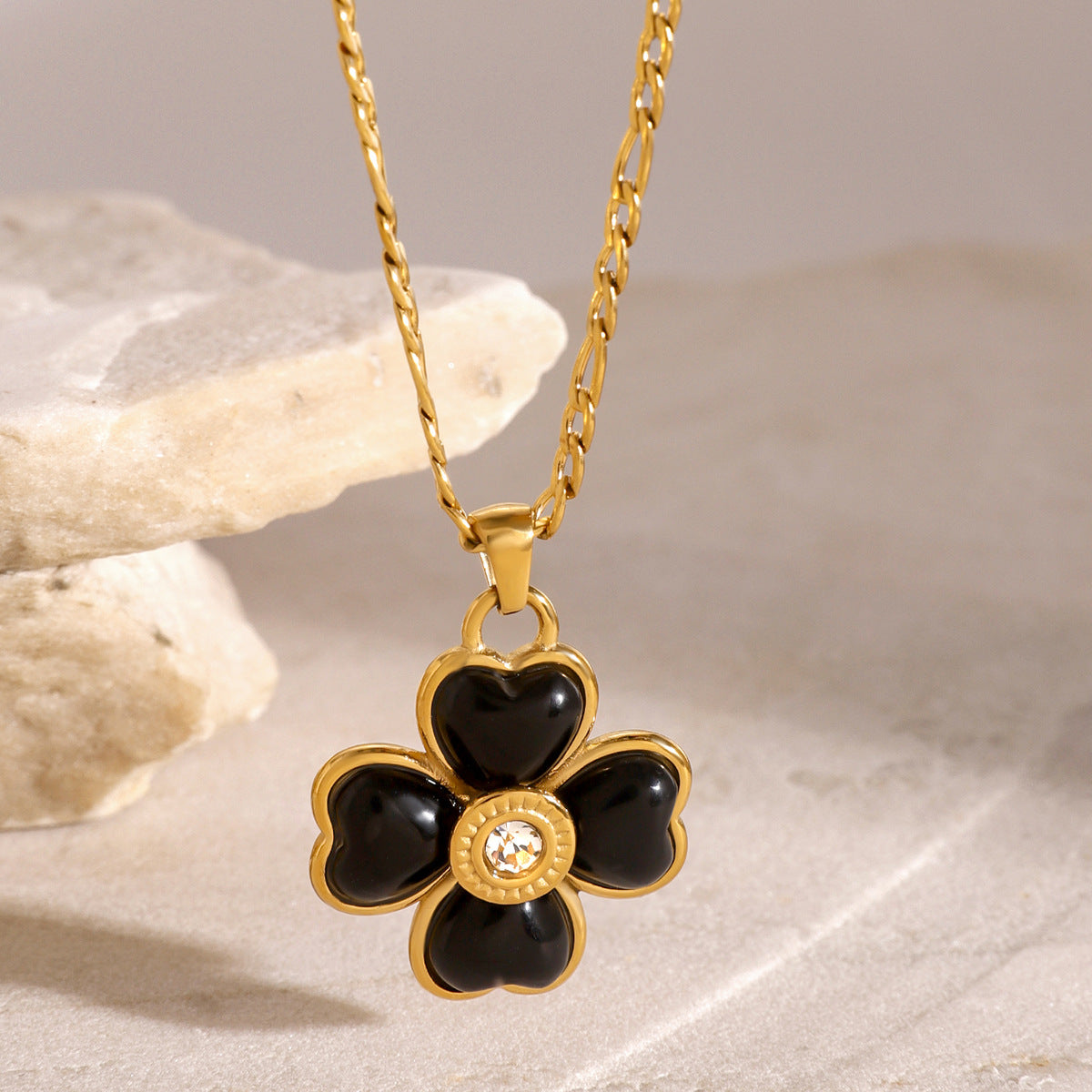 Gold Stainless Steel Four Leaf Clover Agate Necklace