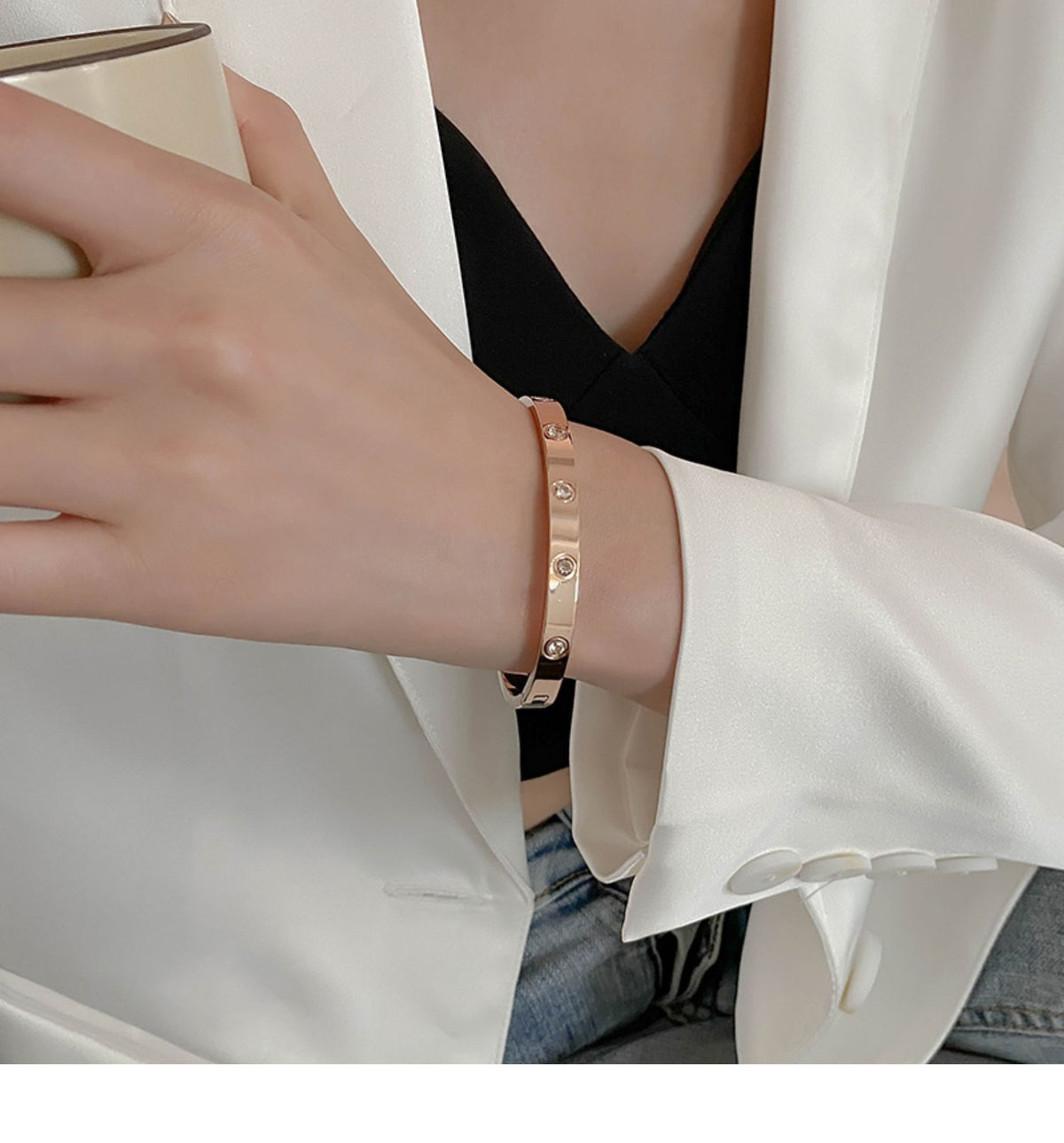Fashion Silver Titanium Steel Round Open Bracelet With Diamonds