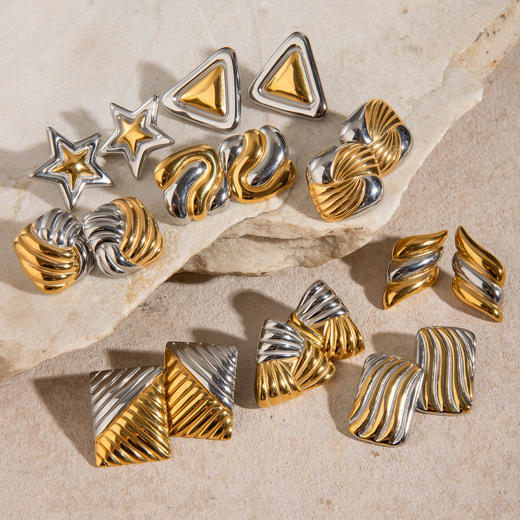 Gold And Silver 6 Stainless Steel Contrast Geometric Texture Earrings