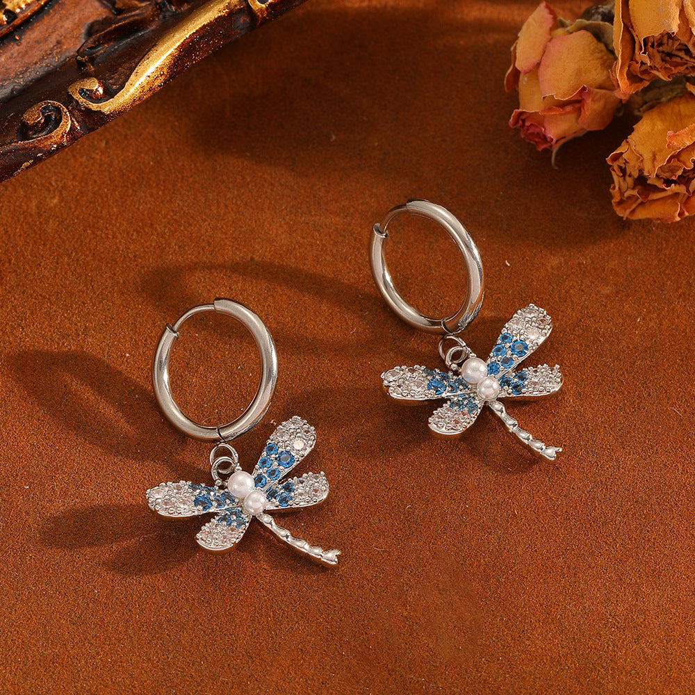 Gold And White Diamond Necklace Stainless Steel Diamond-encrusted Dragonfly Necklace