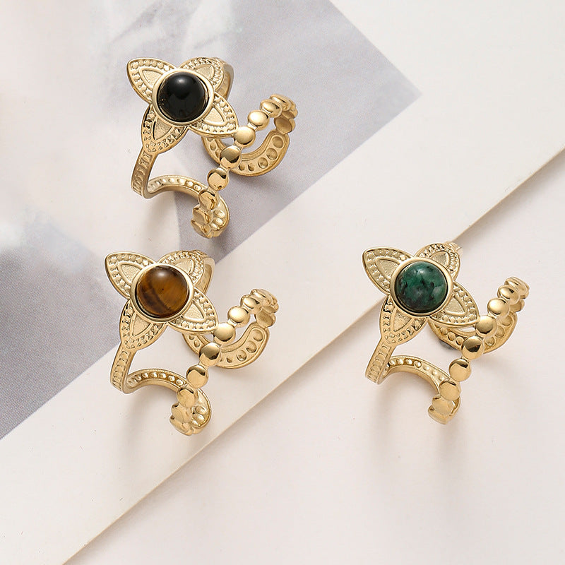 European And American Stainless Steel Flower Inlaid Stone Ring Black One By One Stainless Steel Petal Double Ring