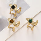 European And American Stainless Steel Flower Inlaid Stone Ring Black One By One Stainless Steel Petal Double Ring
