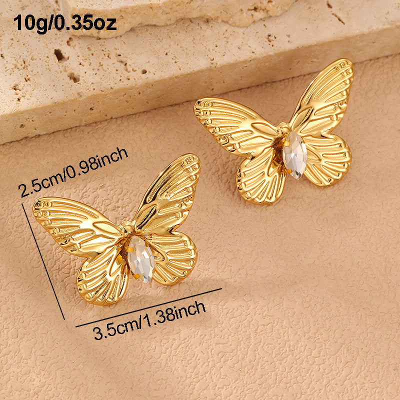 Gold Stainless Steel Zircon Flower Earrings Studs