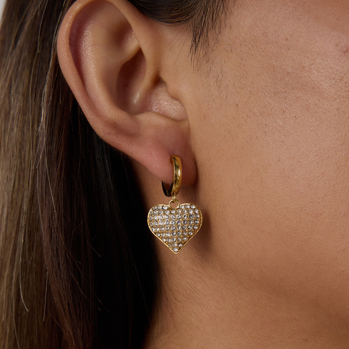 Silver Stainless Steel Diamond Heart Hoop Earrings