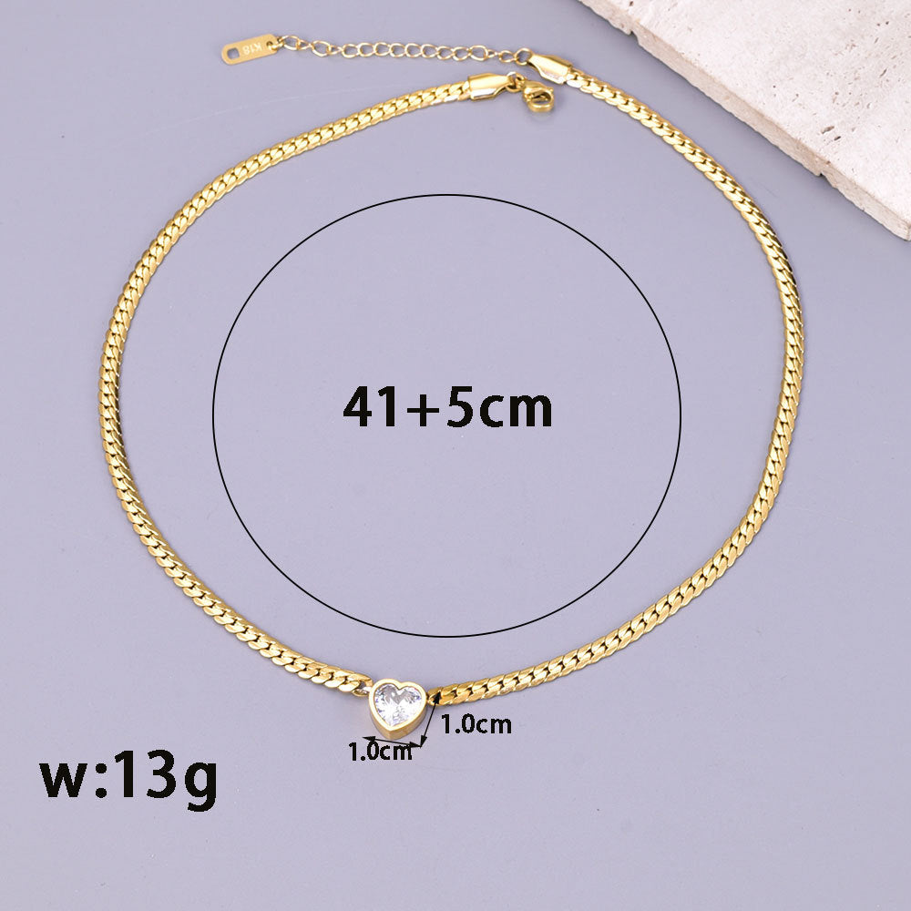 Combination Stainless Steel Diamond-encrusted Heart Necklace And Bracelet Set