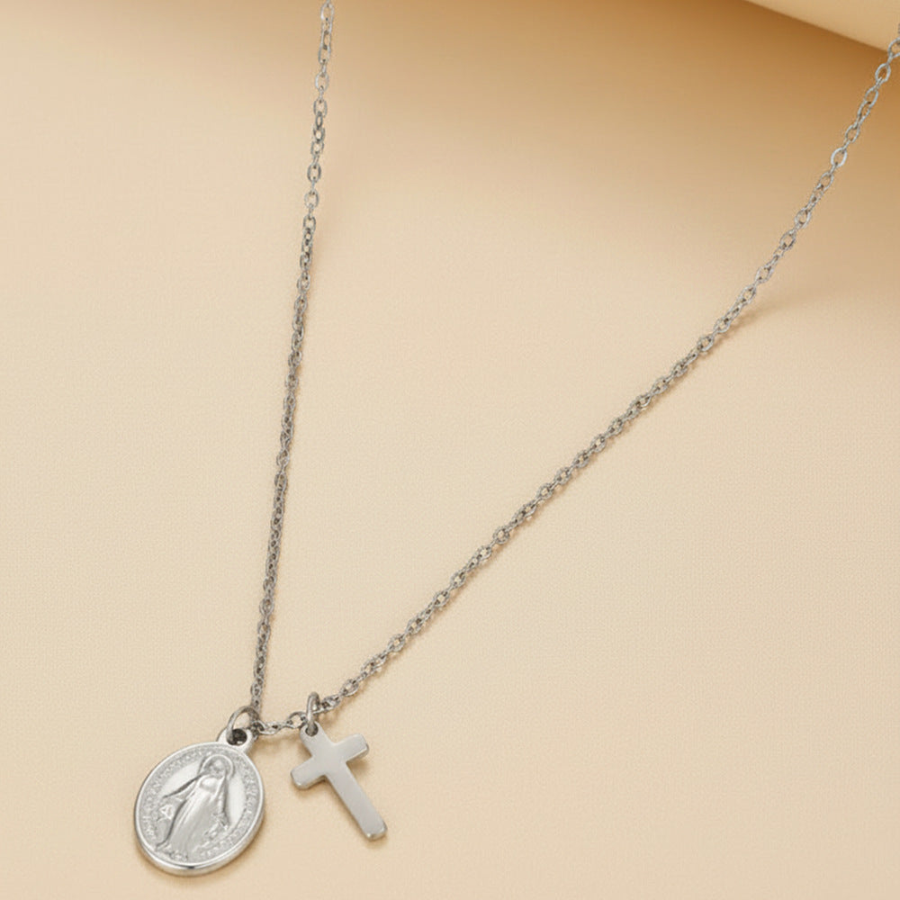 Gold Stainless Steel Cross Virgin Mary Necklace
