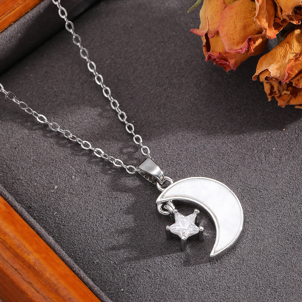 Necklace #8 304 Stainless Steel Diamond-encrusted Heart And Moon Necklace