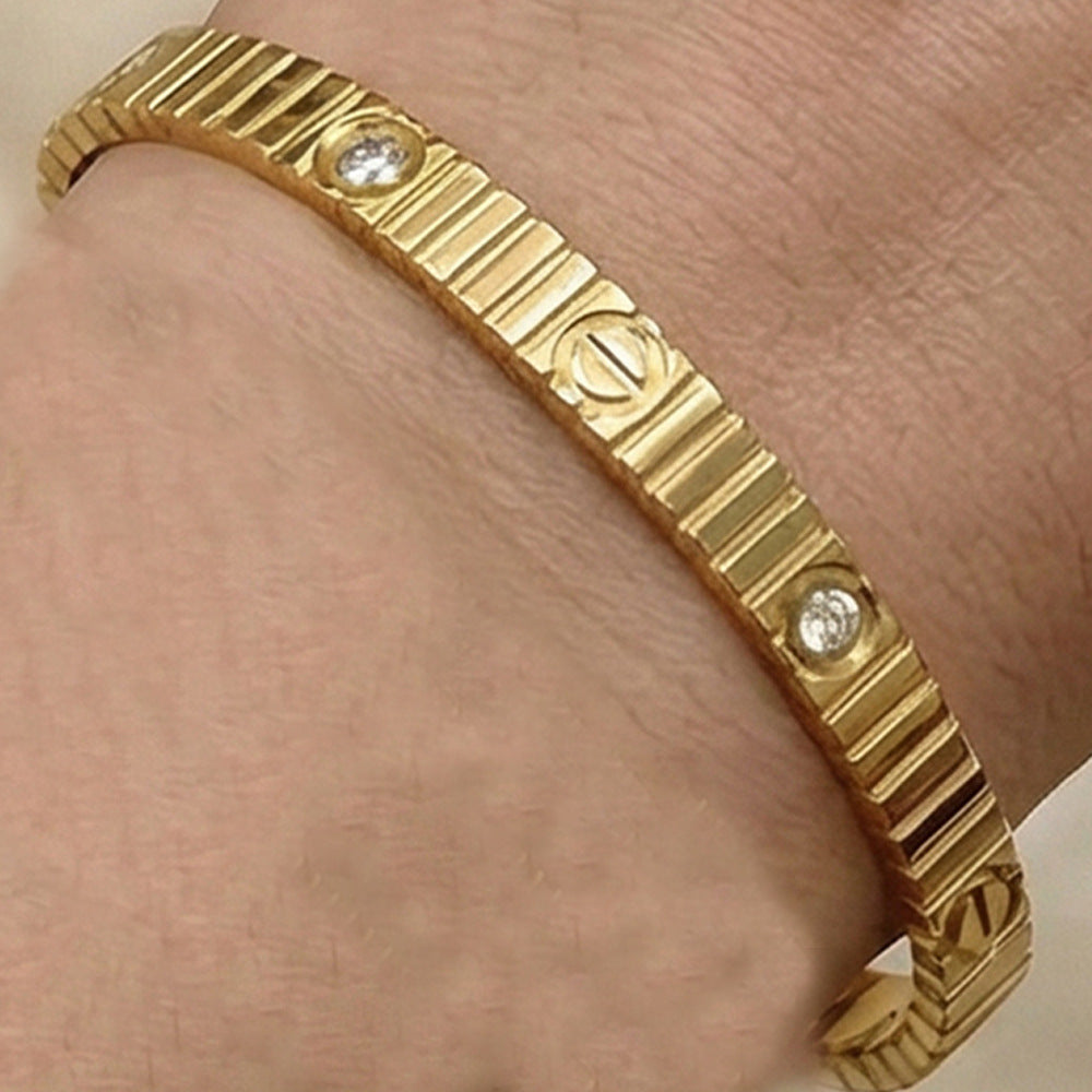Striped Ten Round Diamond Titanium Steel Diamond-encrusted Round Bracelet