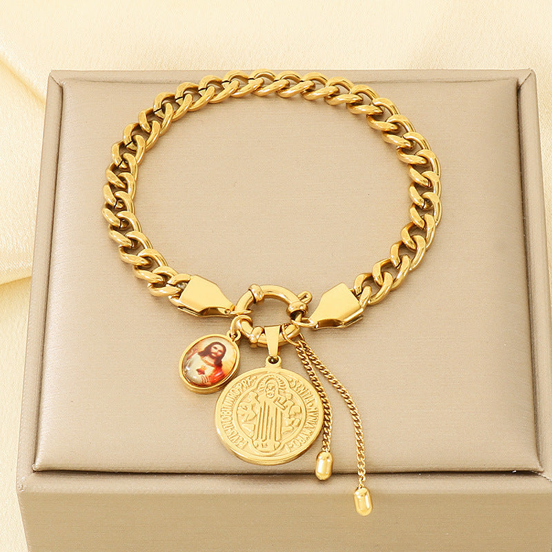 Gold 18k Gold Plated Coin Portrait Cross Cuban Bracelet