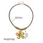 Gold Leather Cord Flower Necklace